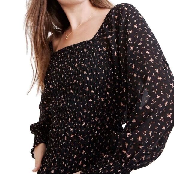 Madewell Georgette Lucie Smocked Peplum Floral Print Blouse Stem Scatter Size 10 - Picture 1 of 12